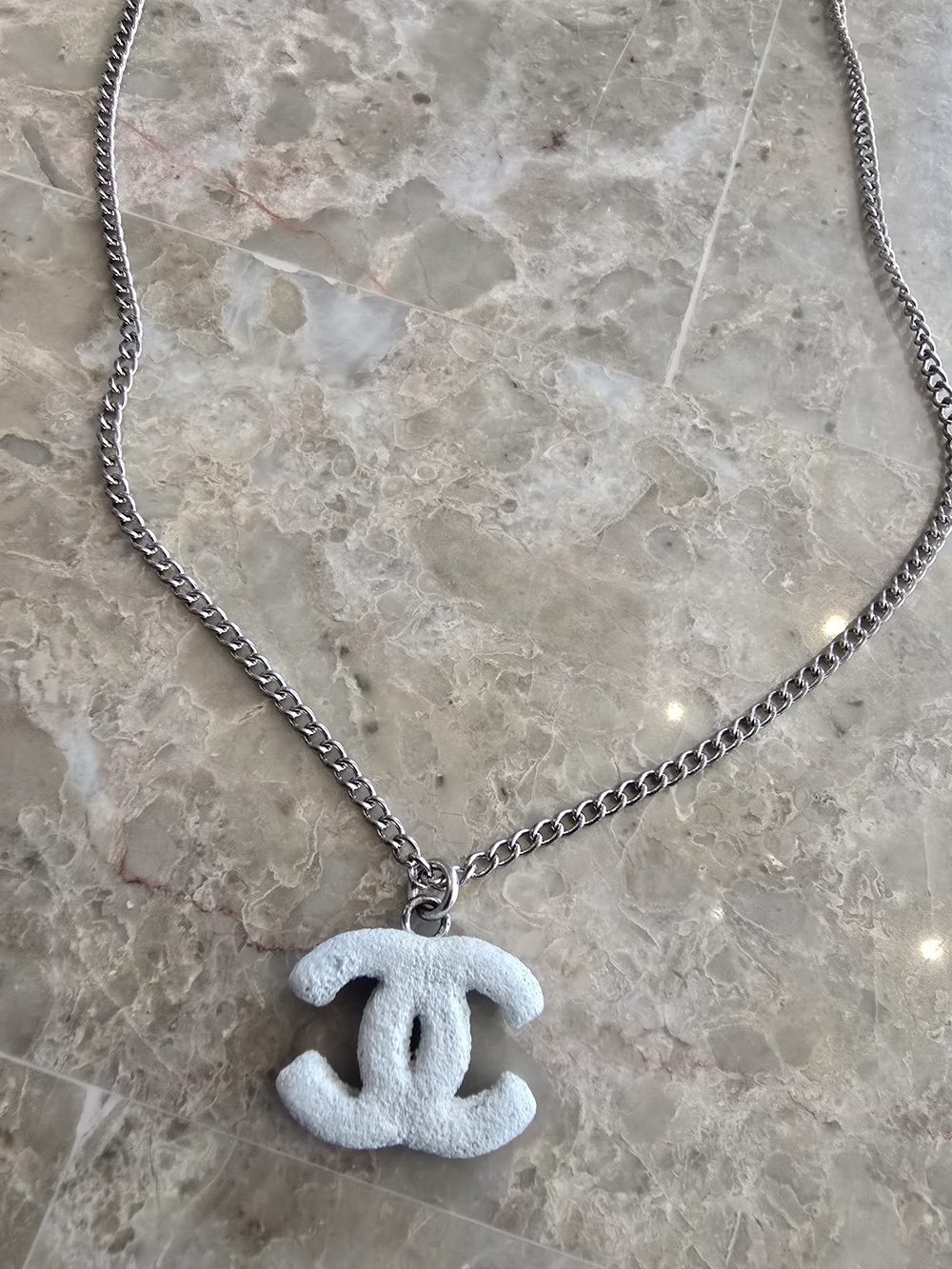 Auth Vintage CHANEL White Logo Necklace